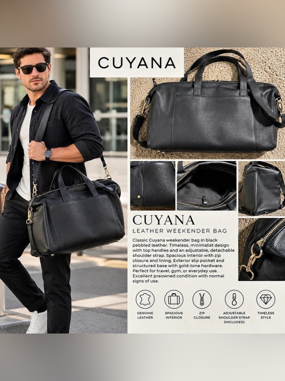 Cuyana Classic Leather Weekender Bag in Black Like New